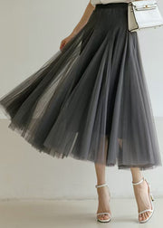 New Grey Solid High Waist Tulle Pleated Skirt Summer