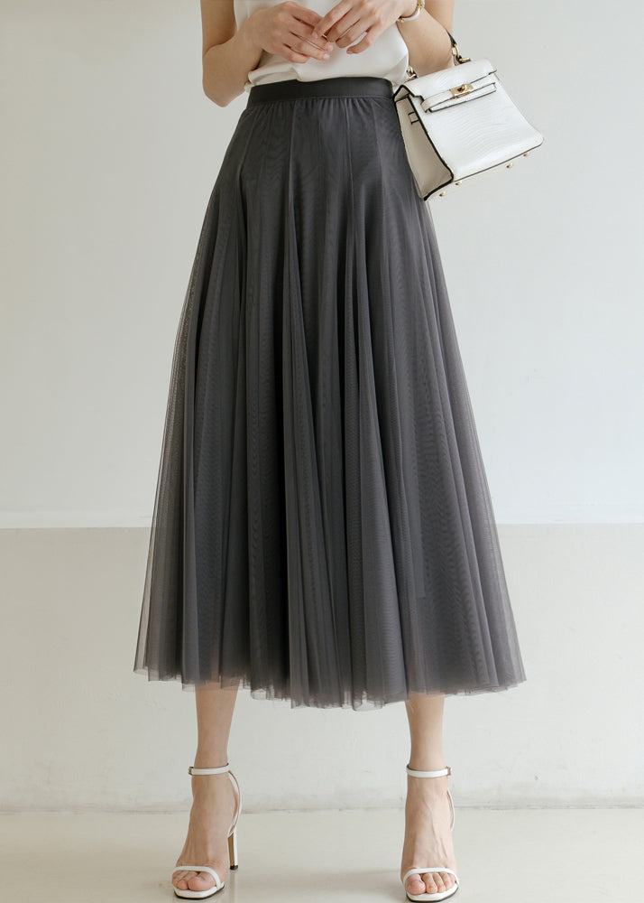 New Grey Solid High Waist Tulle Pleated Skirt Summer