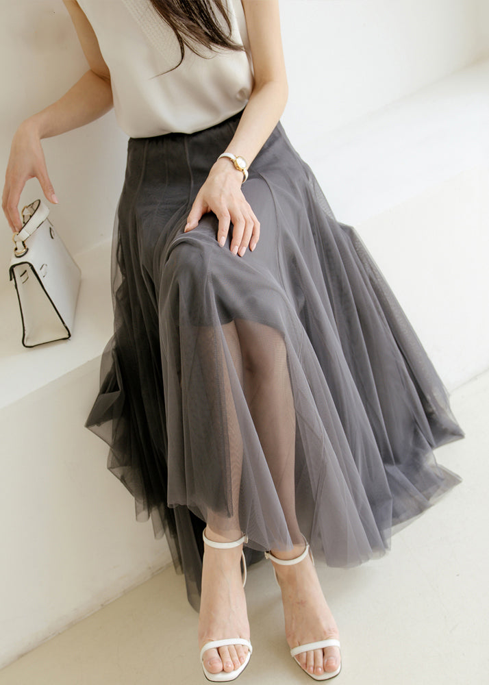 New Grey Solid High Waist Tulle Pleated Skirt Summer