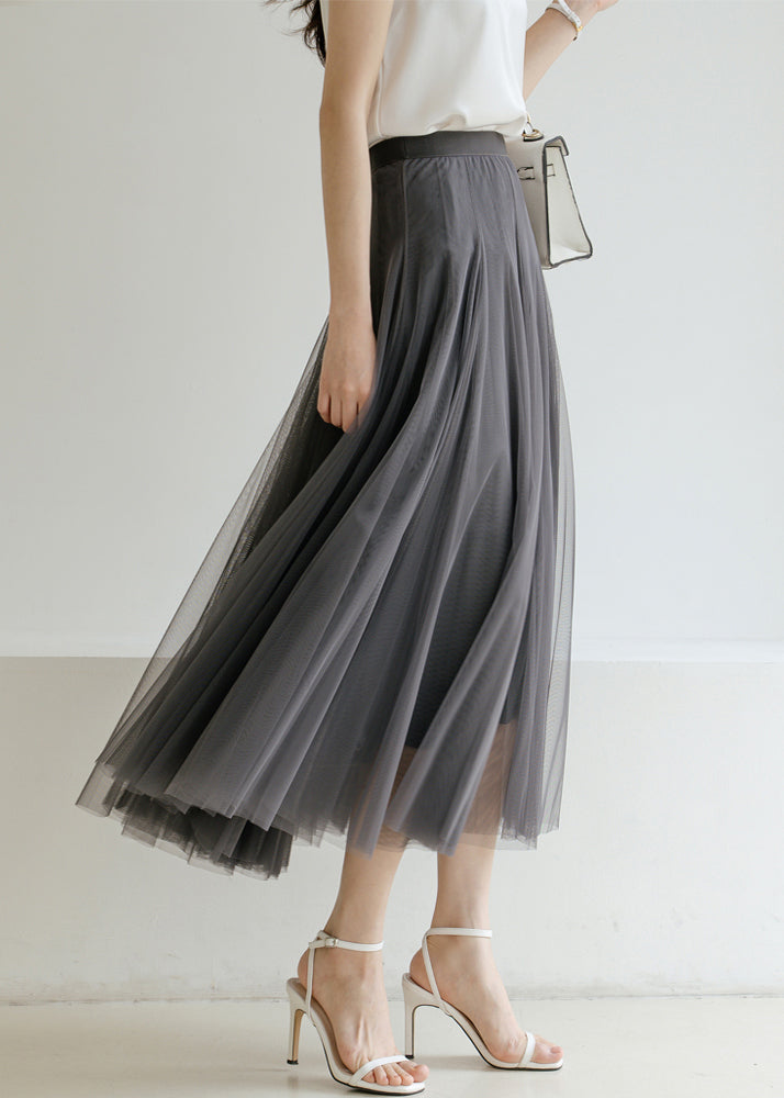 New Grey Solid High Waist Tulle Pleated Skirt Summer