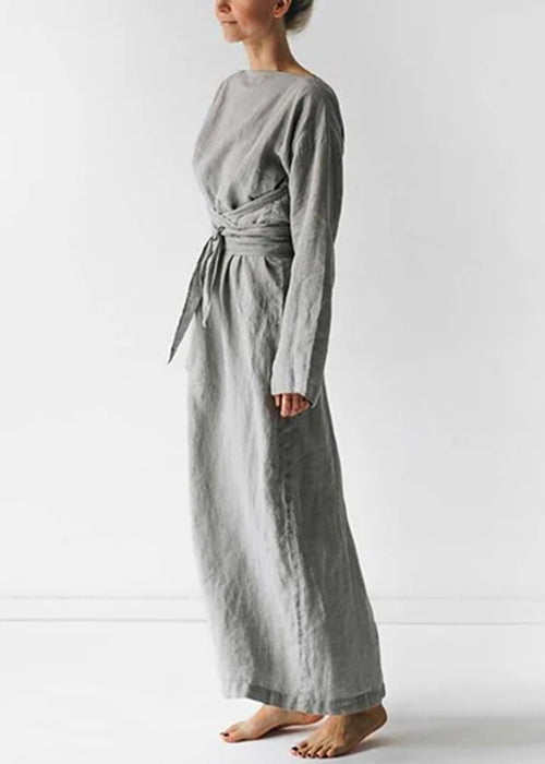 New Grey Solid Tie Waist Cotton Long Dress Long Sleeve