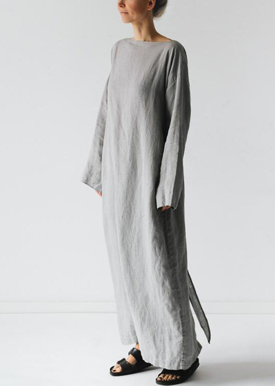 New Grey Solid Tie Waist Cotton Long Dress Long Sleeve