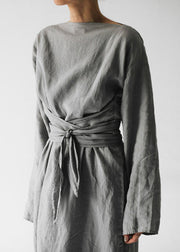 New Grey Solid Tie Waist Cotton Long Dress Long Sleeve