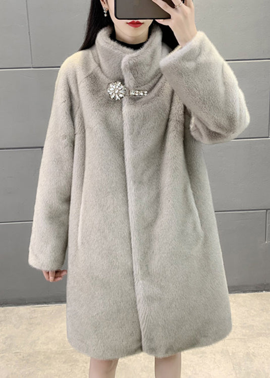 New Grey Stand Button Zircon Collar Mink Velvet Coats Winter