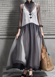 New Grey Stand Collar Button Patchwork Silk Maxi Dresses Long Sleeve