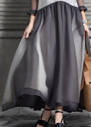New Grey Stand Collar Button Patchwork Silk Maxi Dresses Long Sleeve