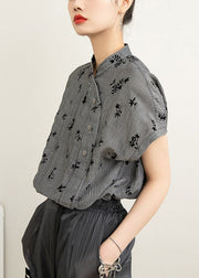 New Grey Stand Collar Button Print Cotton T Shirt Half Sleeve