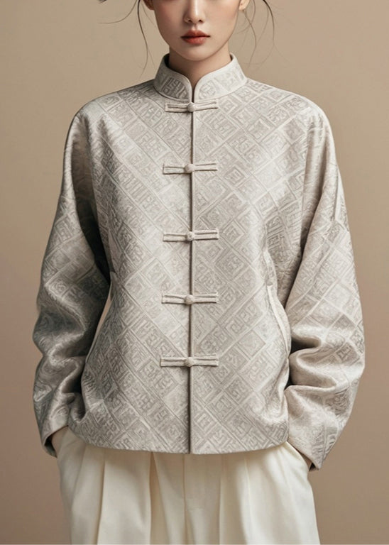 New Grey Stand Collar Print Cotton Coat Fall