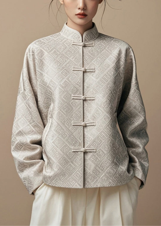 New Grey Stand Collar Print Cotton Coat Fall