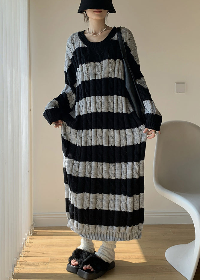 New Grey Striped O Neck Cotton Knit Knitwear Dress Spring