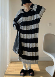 New Grey Striped O Neck Cotton Knit Knitwear Dress Spring