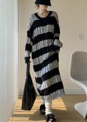 New Grey Striped O Neck Cotton Knit Knitwear Dress Winter