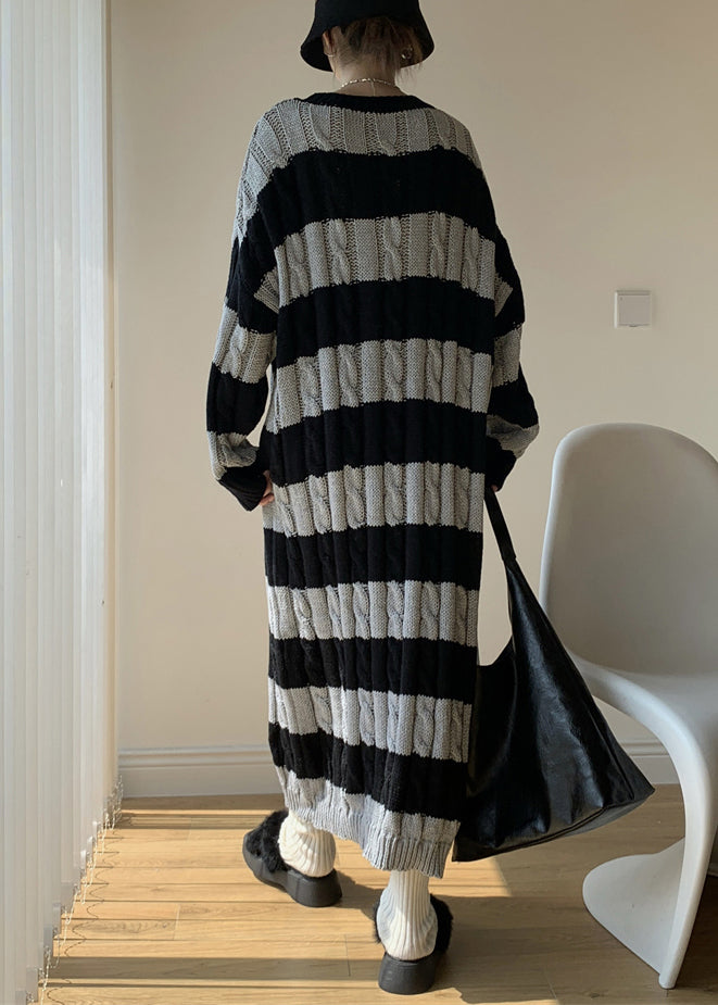 New Grey Striped O Neck Cotton Knit Knitwear Dress Spring