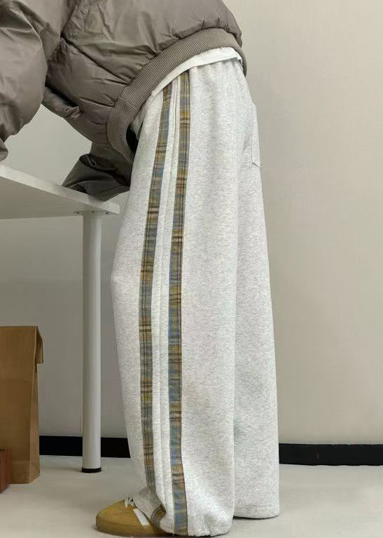 New Grey Striped Pockets Warm Fleece Men Wide Leg Pants Spring