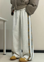 New Grey Striped Pockets Warm Fleece Men Wide Leg Pants Spring