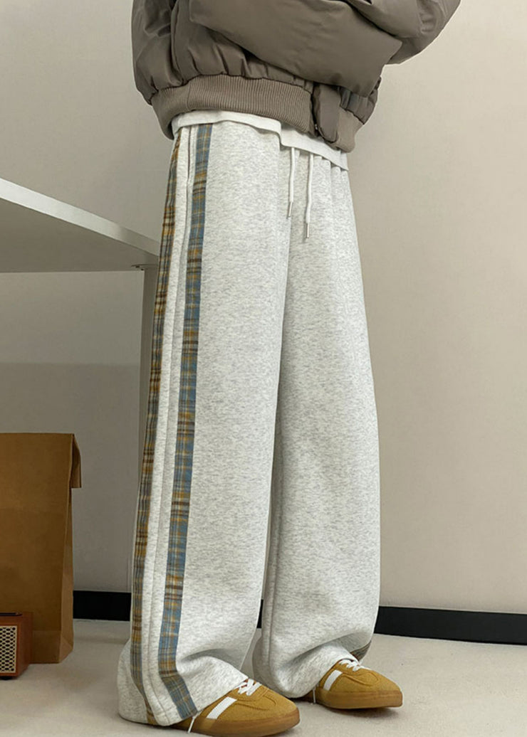 New Grey Striped Pockets Warm Fleece Men Wide Leg Pants Spring