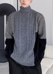 New Grey Turtleneck Patchwork Knit Men Sweater Winter