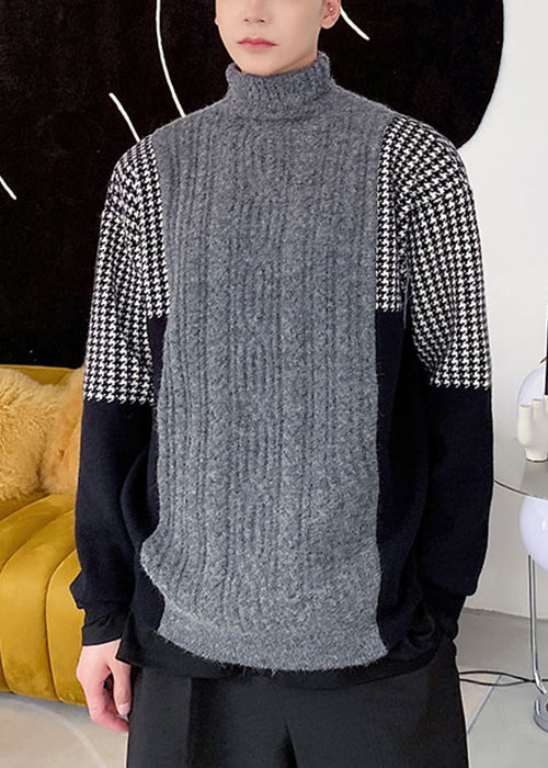 New Grey Turtleneck Patchwork Knit Men Sweater Winter