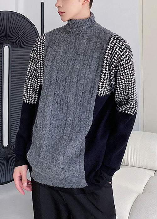 New Grey Turtleneck Patchwork Knit Men Sweater Winter