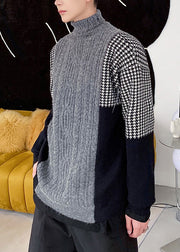 New Grey Turtleneck Patchwork Knit Men Sweater Winter