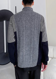 New Grey Turtleneck Patchwork Knit Men Sweater Winter