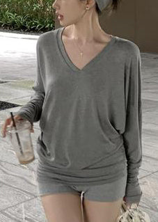 New Grey V Neck Solid Cotton T Shirt Spring