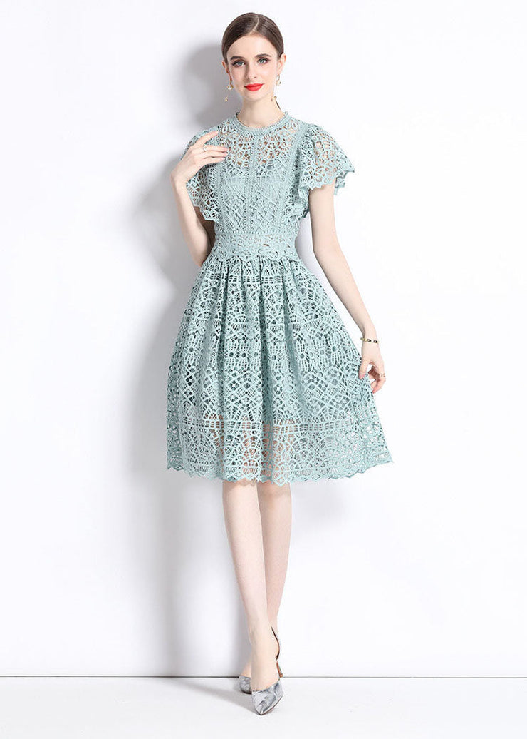 New Hollow Out Embroideried Wrinkled Patchwork Lace Mid Dress Butterfly Sleeve