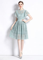 New Hollow Out Embroidered Wrinkled Patchwork Lace Mid Dress Butterfly Sleeve