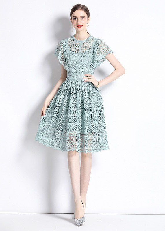 New Hollow Out Embroidered Wrinkled Patchwork Lace Mid Dress Butterfly Sleeve