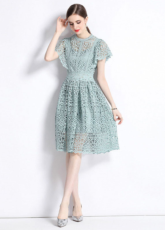 New Hollow Out Embroidered Wrinkled Patchwork Lace Mid Dress Butterfly Sleeve