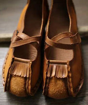 New Khaki Buckle Strap Cowhide Leather Flats Shoes