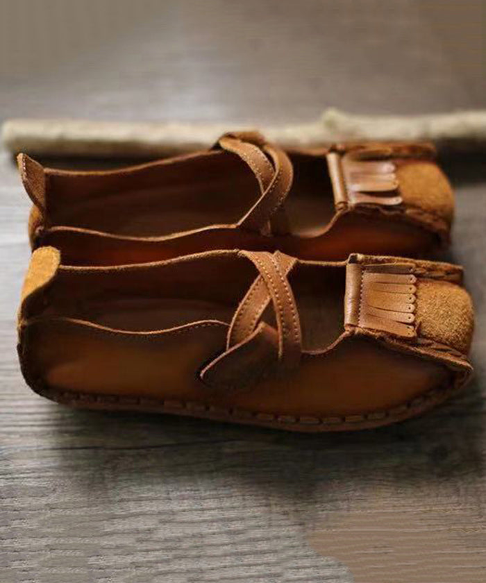 New Khaki Buckle Strap Cowhide Leather Flats Shoes