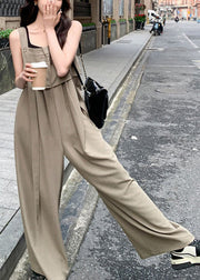 New Khaki Button High Waist Cotton Jumpsuits Sleeveless