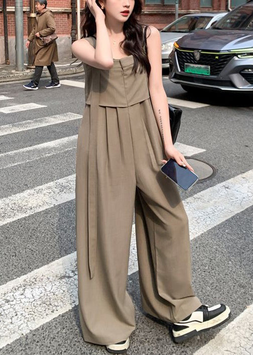 New Khaki Button High Waist Cotton Jumpsuits Sleeveless