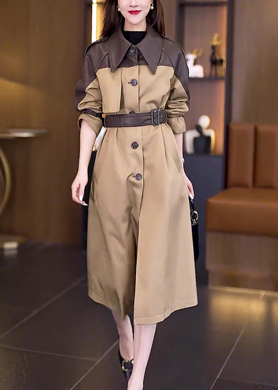 New Khaki Button Tie Waist Patchwork Cotton Long Trench Coat Fall