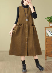 New Khaki Button Wrinkled Corduroy Waistcoat Dress Sleeveless