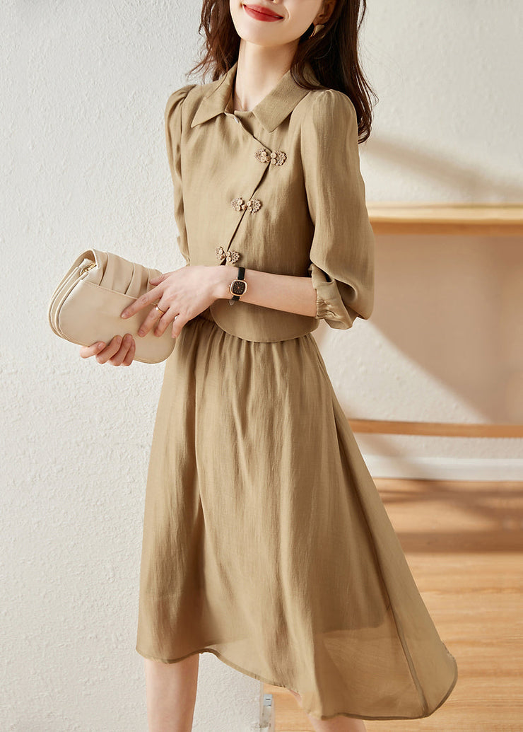 New Khaki Chinese Button Elastic Waist Cotton Two Pieces Set Fall