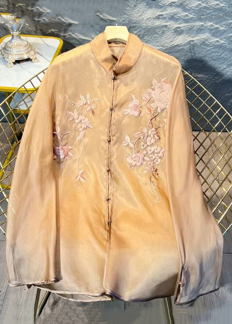 New Khaki Embroidered Button Tulle Blouses Long Sleeve