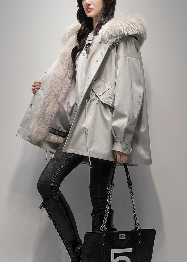 New Khaki Fur Collar The Rabbit Wool Lined Parka Jacket For Winter