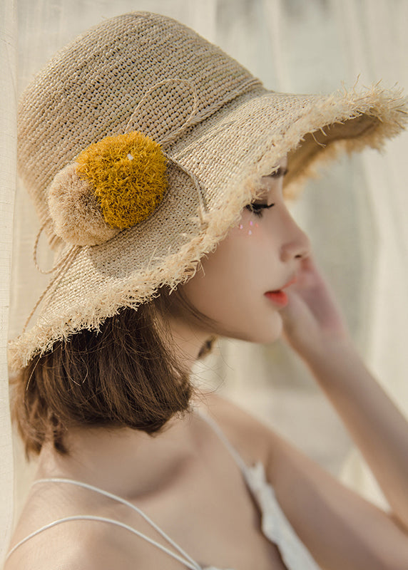 New Khaki Fuzzy Ball Decorated Foldable Straw Woven Bucket Hat