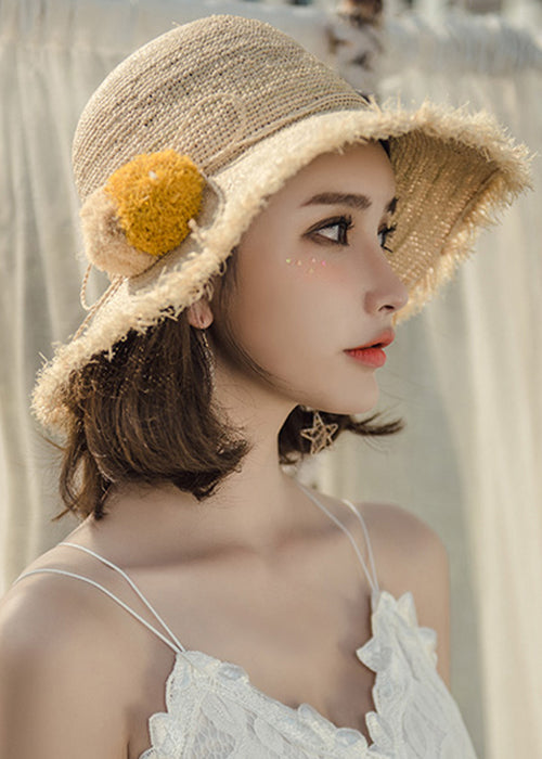 New Khaki Fuzzy Ball Decorated Foldable Straw Woven Bucket Hat