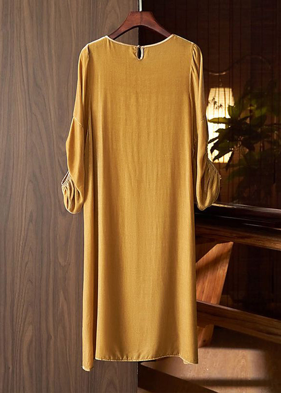 New Khaki O Neck Patchwork Silk Velour Dress Lantern Sleeve