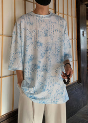 New Khaki O Neck Print Plus Size Ice Silk Men T Shirt Summer