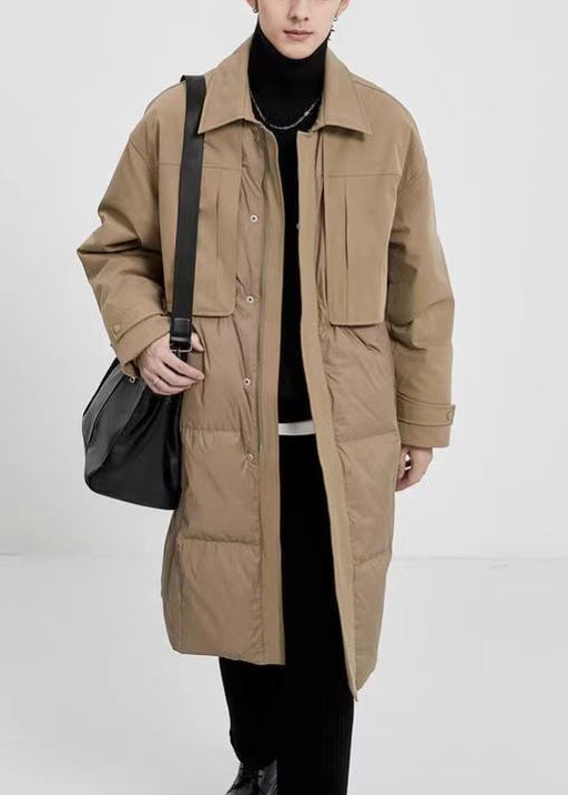 New Khaki Peter Pan Collar Button Pockets Duck Down Men Coats Winter