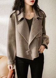 New Khaki Peter Pan Collar Pockets Woolen Coat Long Sleeve