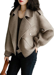 New Khaki Peter Pan Collar Pockets Woolen Coat Long Sleeve