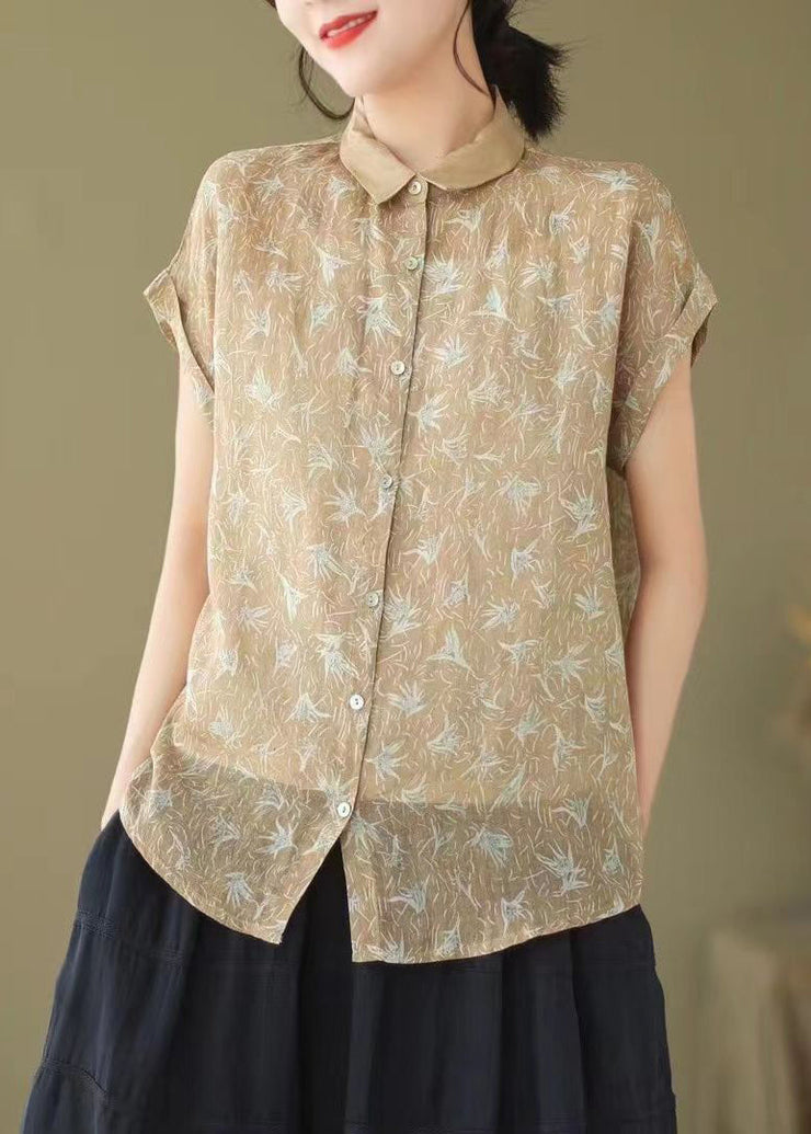 New Khaki Peter Pan Collar Print Patchwork Linen Blouse Summer