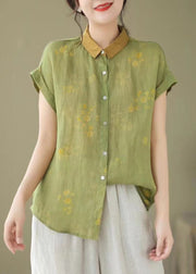 New Khaki Peter Pan Collar Print Patchwork Linen Blouse Summer