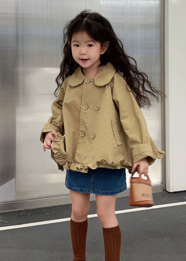 New Khaki Peter Pan Collar Ruffled Button Cotton Girls Coats Spring