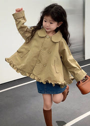 New Khaki Peter Pan Collar Ruffled Button Cotton Girls Coats Spring